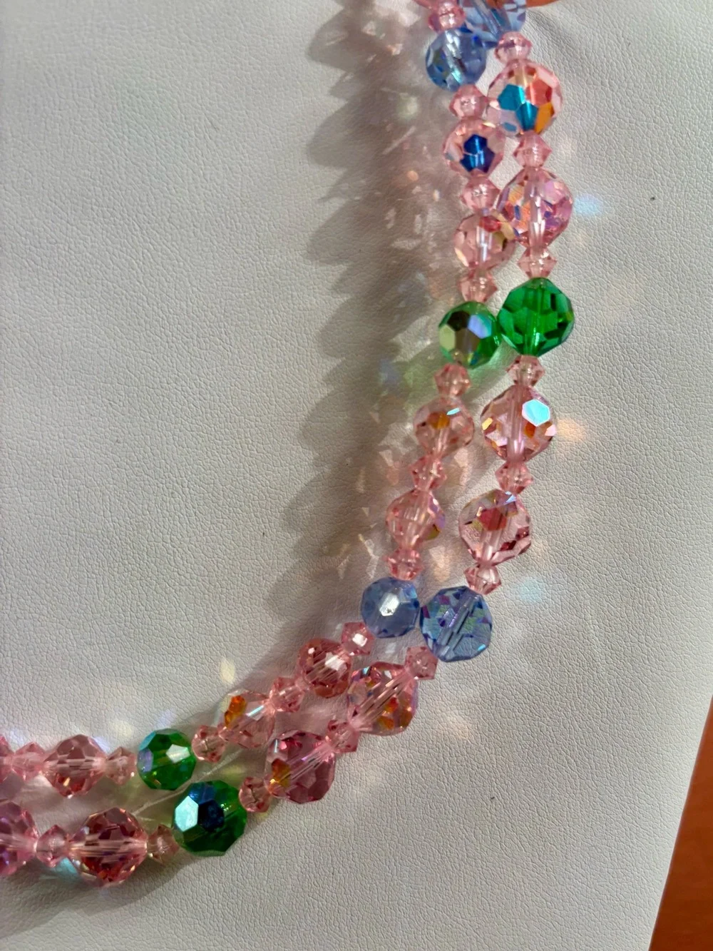 Vintage Double Strand Pink Aurora Borealis Crystal Bead Necklace Blue Green